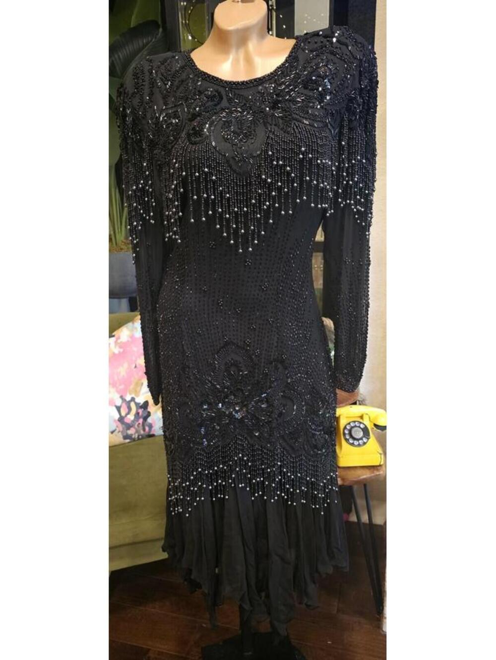 Vintage 70s/80s Silk Black Beaded Cocktail Dress, 20s Style Flutter